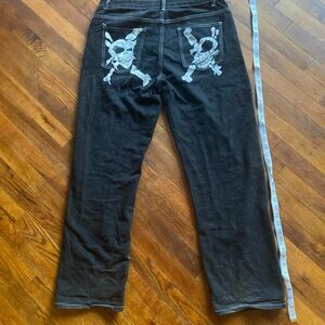 JNCO Black Straight Jeans with White Skull Back Pockets